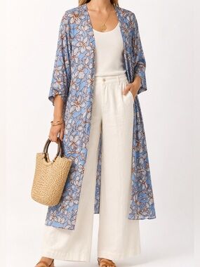 Jessica Simpson Blue Floral Maxi Duster 2X Boho Viscose